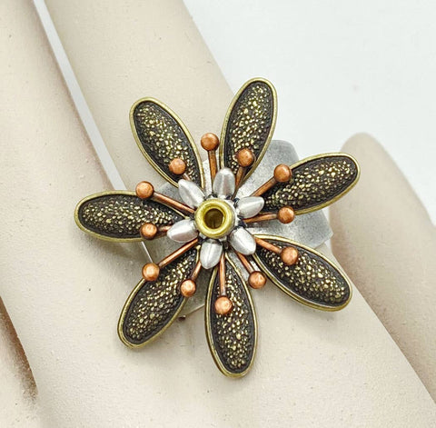 3-tone Adjustable Flower Ring - R76
