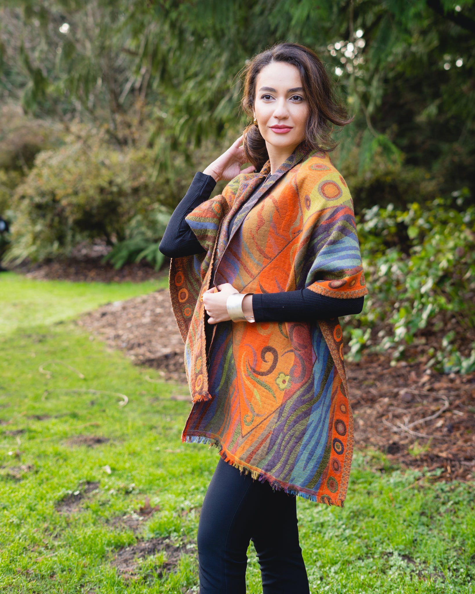 Autumn Color Asymmetric Shawl/Poncho/Wrap in Boiled Wool