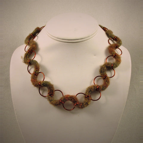 Variegated Brown wool hand knit cord Squiggle Necklace japanese weave