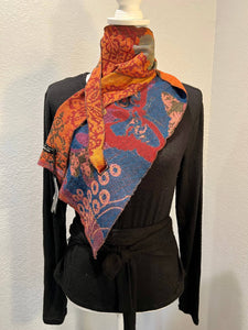 510/Burnt Orange/Blue Pointed scarf in Boiled Wool