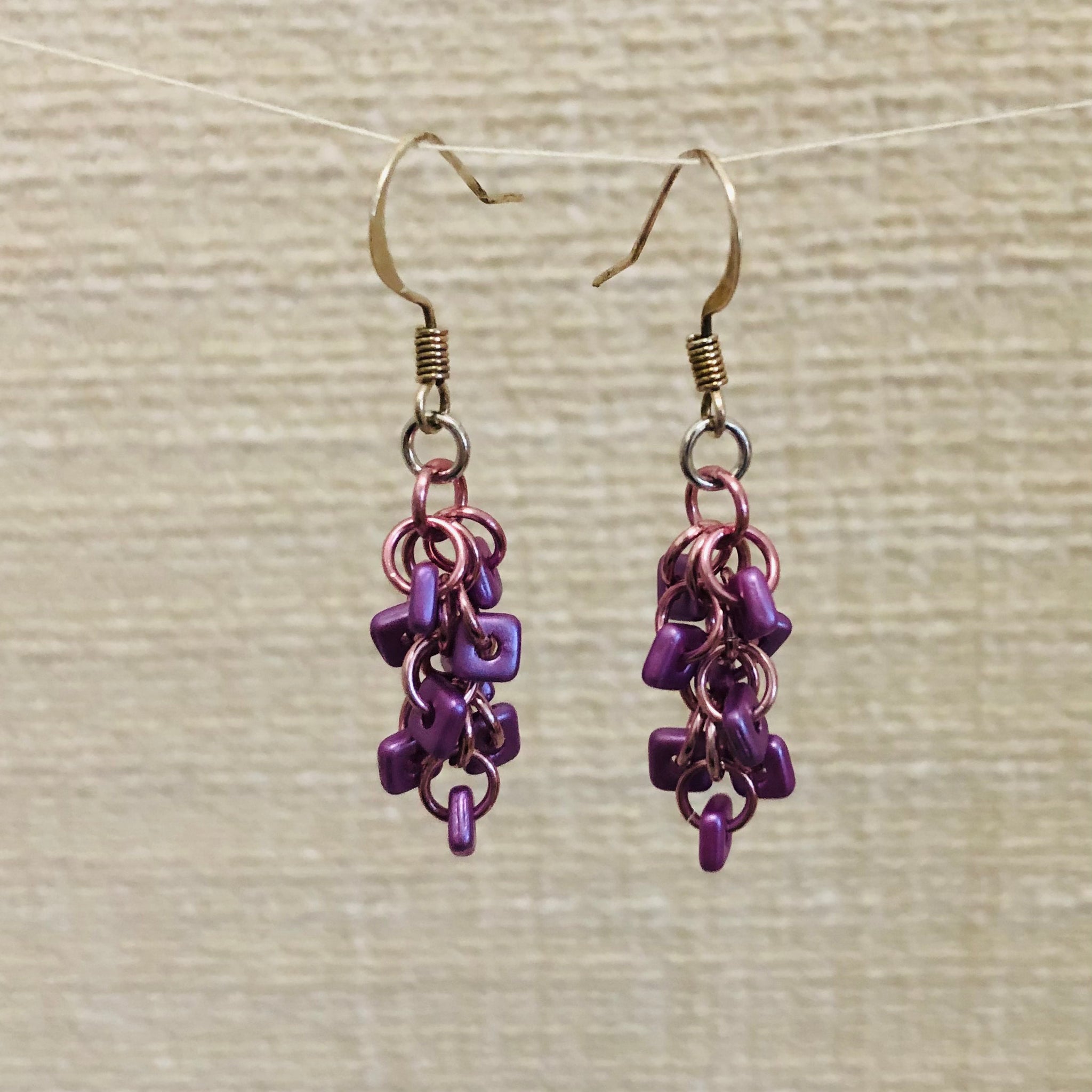 Shaggy bead earrings, square purple beads